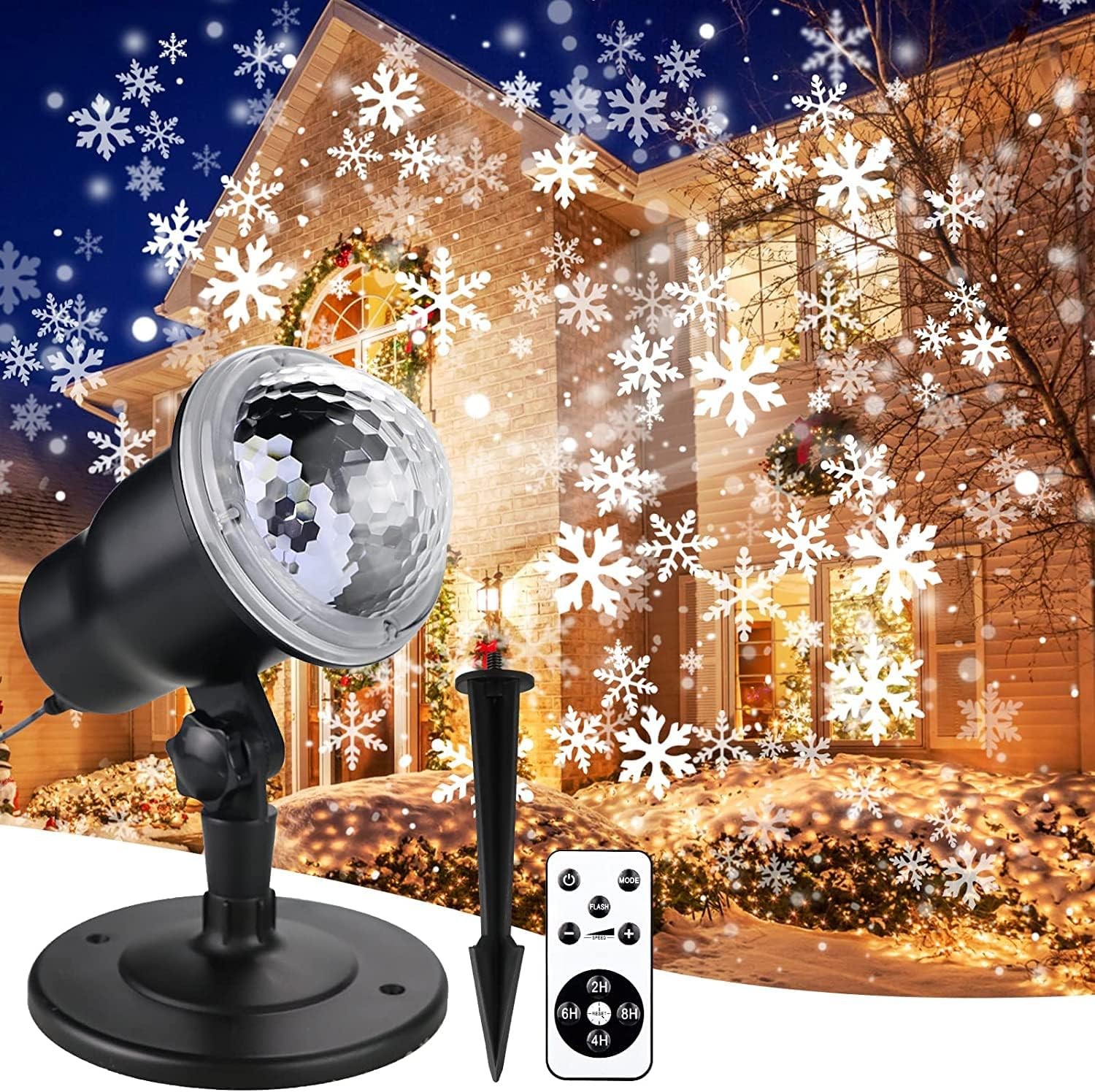 Proiettore LED Per Esterni Con Fiocchi Di Neve. Luce Dinamica Rotante A 170°, Impermeabile IP65. Perfetto Per Decorazioni Natalizie, Halloween O Feste In Giardino. Include Paletto Da Terra E Supporto.